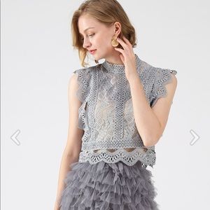 Sleeveless crochet lace top in dusty blue